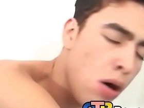 Cock riding Latin twink blasts out cum while being fucked