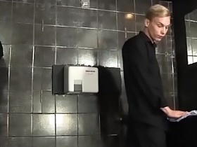 Cock hungry homosexuals have anal sex in public restroom